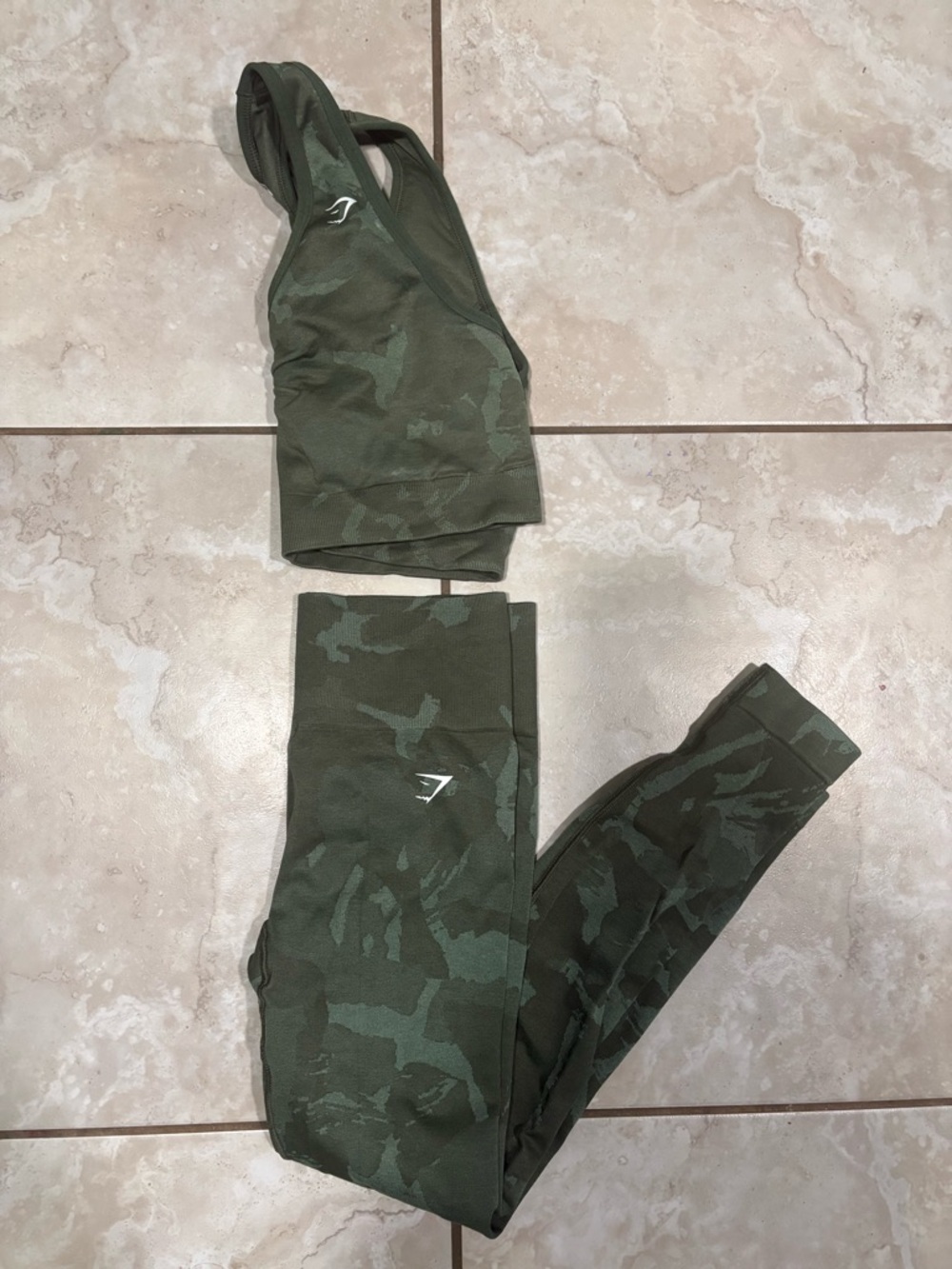 Gymshark Olive Green Camo Seamless Sports Bra & Leggings Set